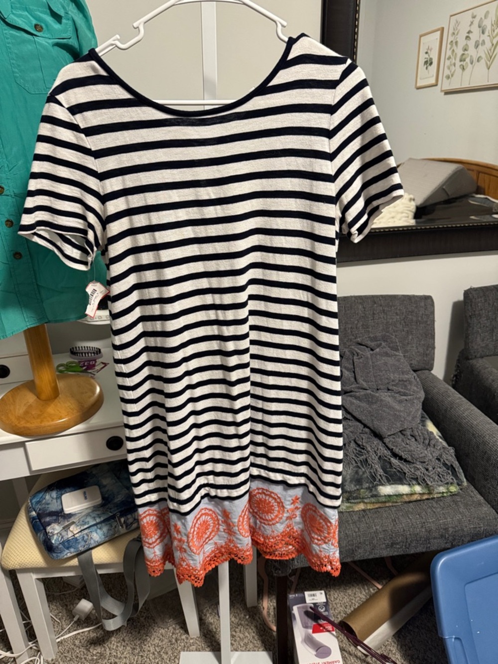 Striped Short-Sleeve Dress with Orange Embroidered Hem